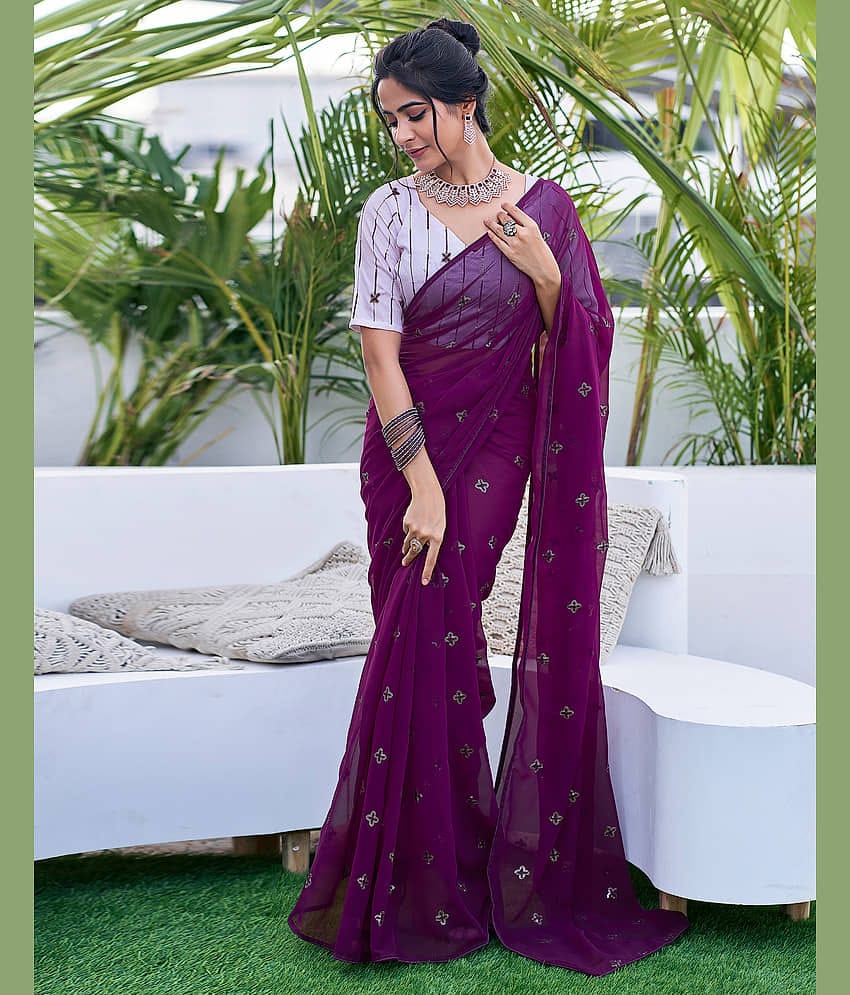 Samah Georgette Embellished Saree With Unstitched Blouse Piece ( Purple )