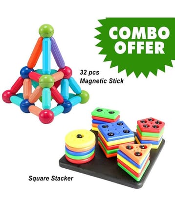RAINBOW RIDERS Combo Magnetic Sticks 32 pcs Building Blocks for Kids and Square Shape Stacker Puzzle Game For Boys Girls Age 3, 4, 5+ Years