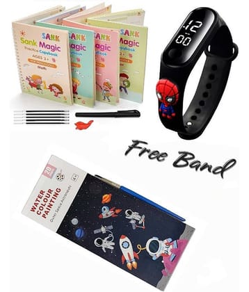 Combo Of 3 Pack - Sank Magic Practice Copy book & Watercolor Painting Books for Pocket 20 Pages & LED Taddy Band Watch Digitel Multicolor By Vinay Book Store