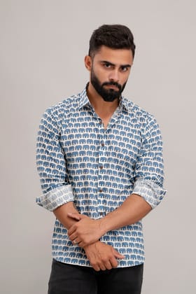 SANGANERI PRINT WHITE SHIRT BLUE ELEPHANT PRINT-L-42