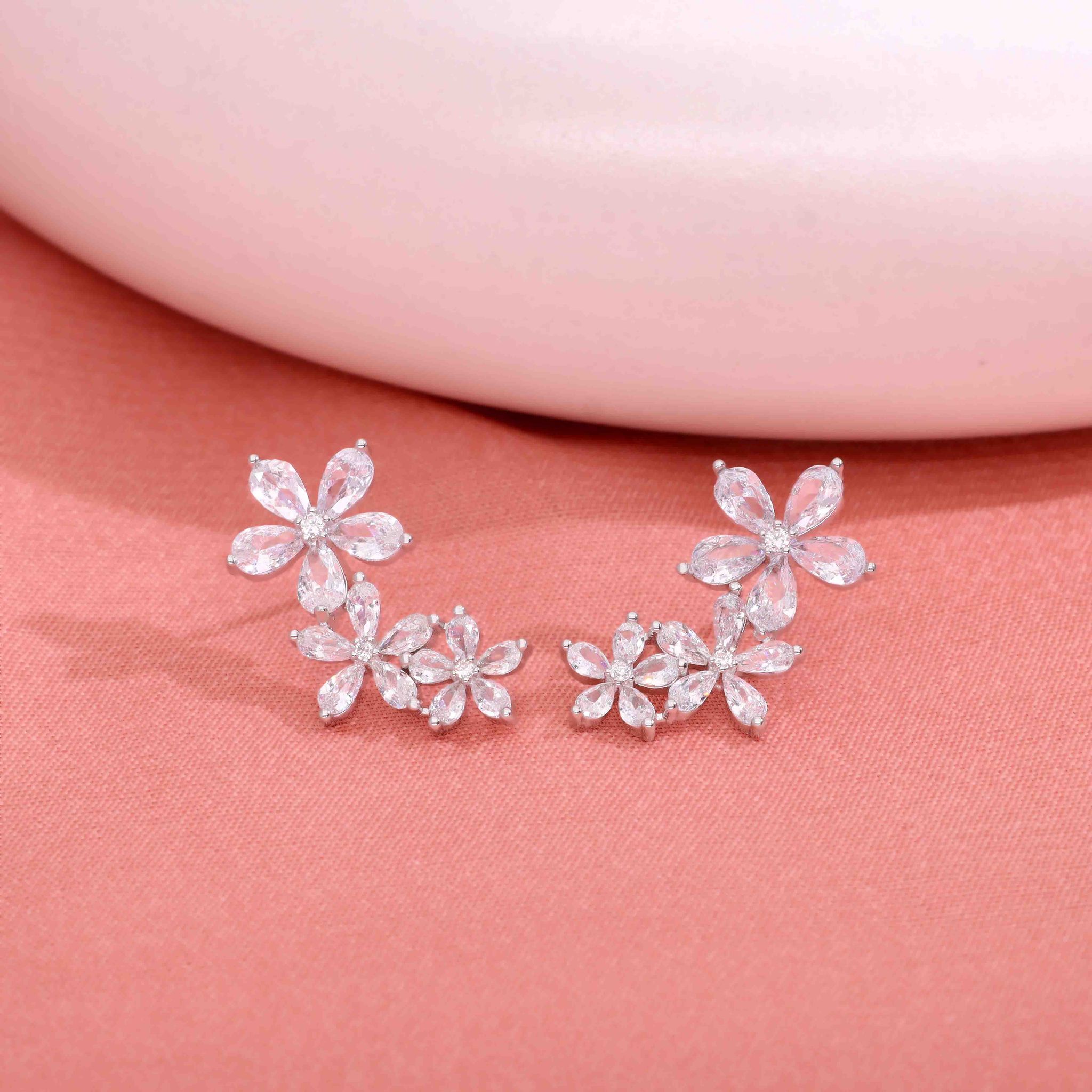 Sterling Silver Chic Floral Stud Earrings-White Stone / Silver