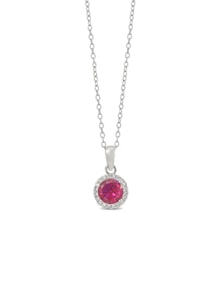 Sterling Silver Red Ruby Halo Necklace With Chain