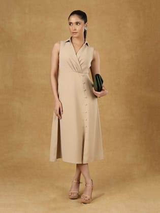 Beige Solid Wrap Neck Midi Dress-XS