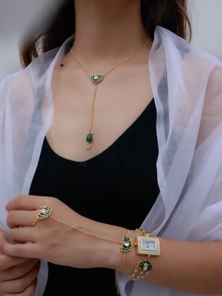 Mayflower Green Lotus Necklace, Hathphool and Wrist Watch Set-Green