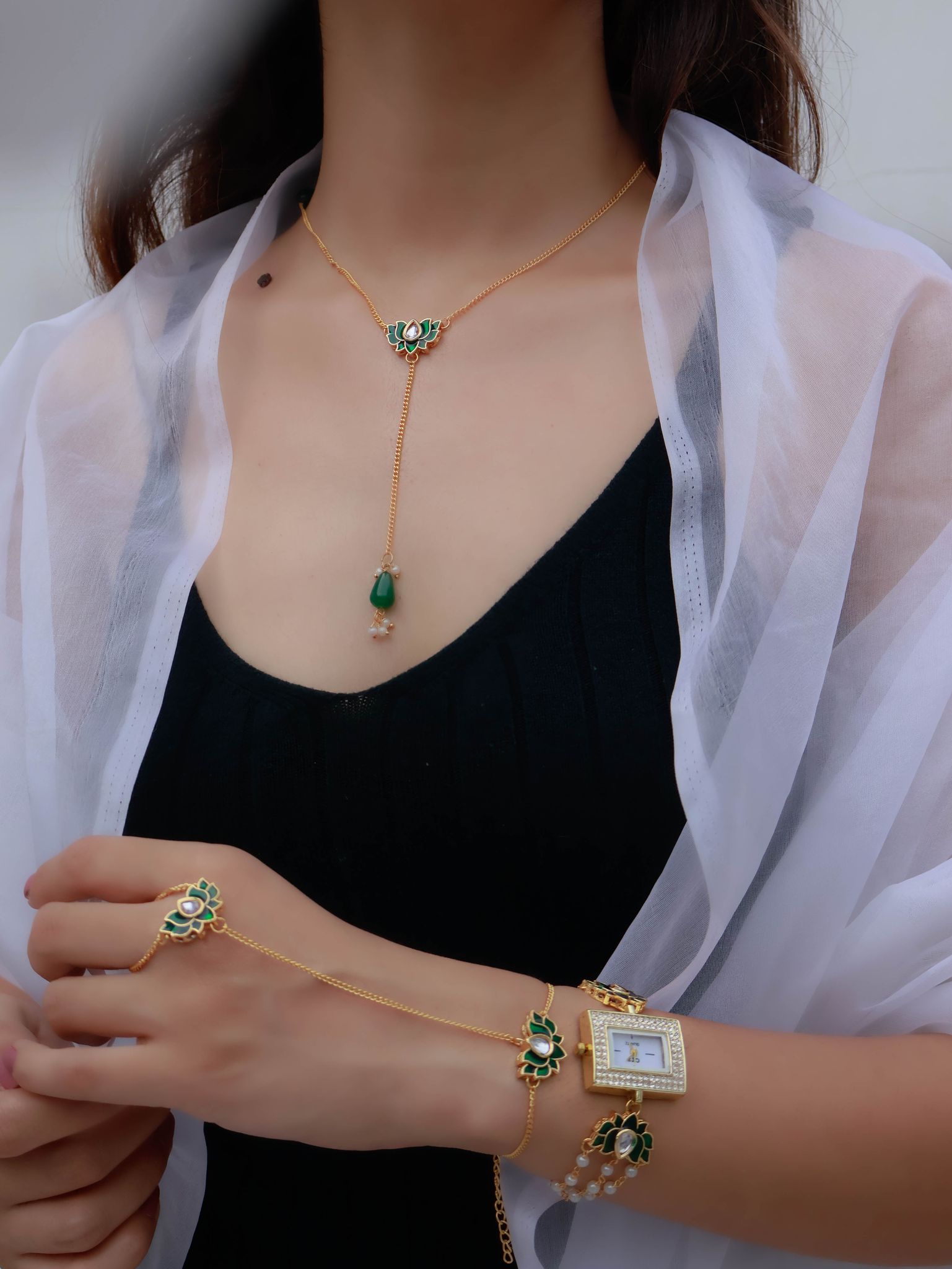 Mayflower Green Lotus Necklace, Hathphool and Wrist Watch Set-Green