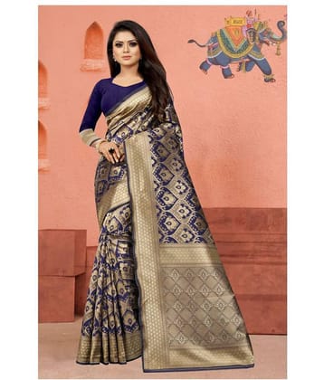 Gazal Fashions Banarasi Silk Printed Saree With Unstitched Blouse Piece ( Blue )