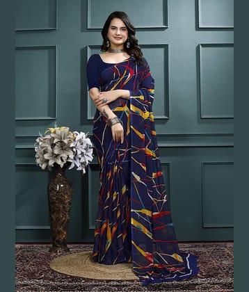 Kanooda Prints Georgette Printed Saree With Unstitched Blouse Piece ( Navy Blue )