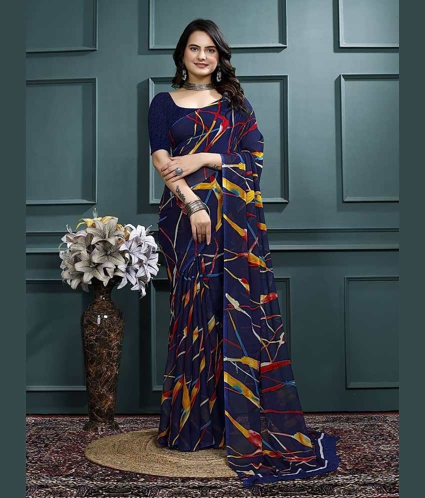 Kanooda Prints Georgette Printed Saree With Unstitched Blouse Piece ( Navy Blue )