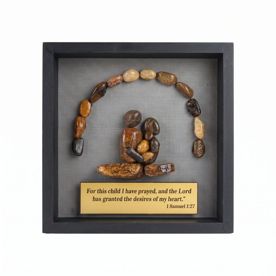 HANDCRAFTED PEBBLE ART FAMILY SHADOW BOX WITH BIBLICAL QUOTE