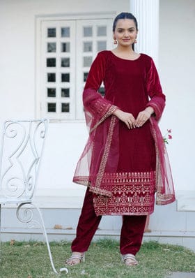 Beautiful Embroidered Velvet Suit With Sequence Embroidered Work