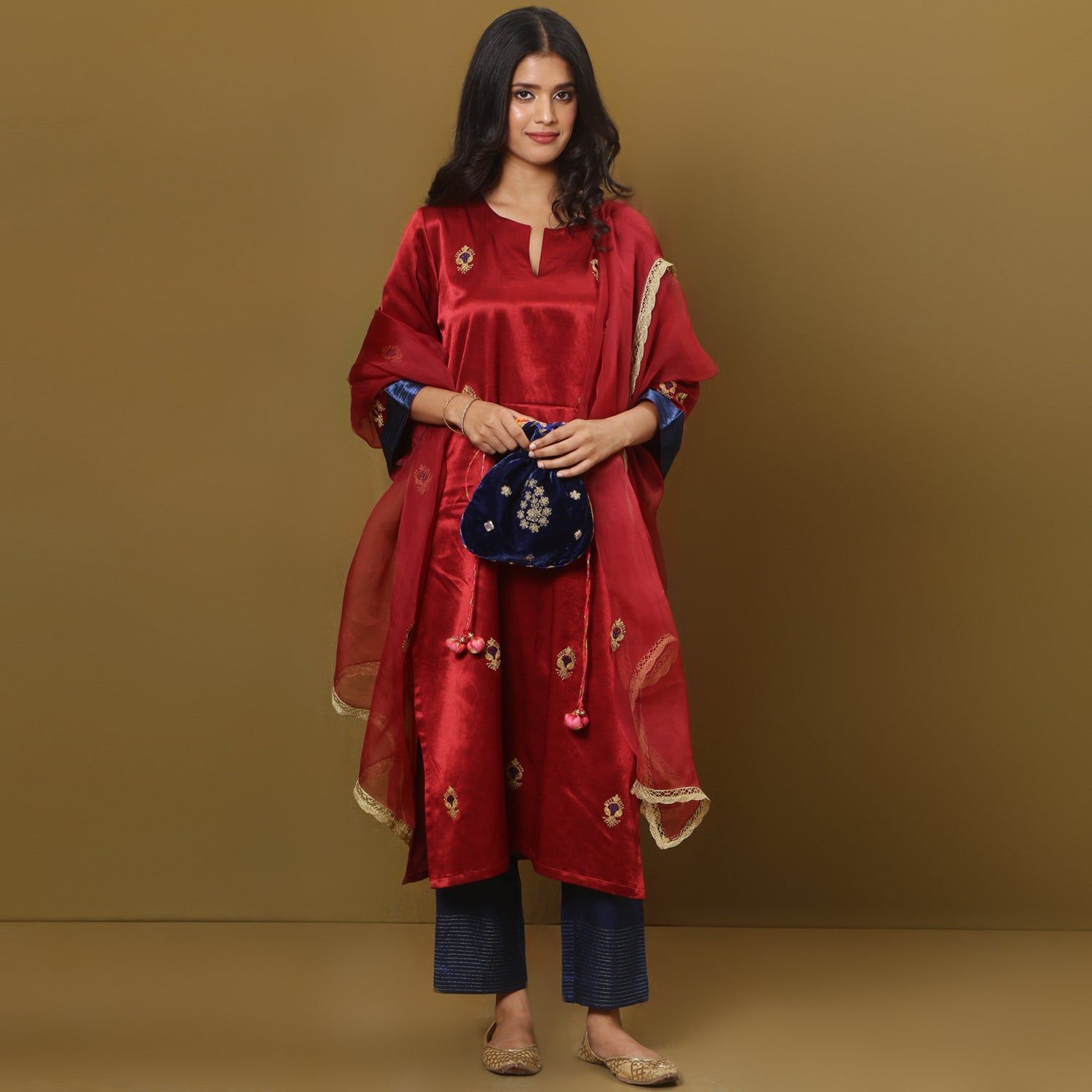 Embroidered mashru silk kurta set with dupatta-XS
