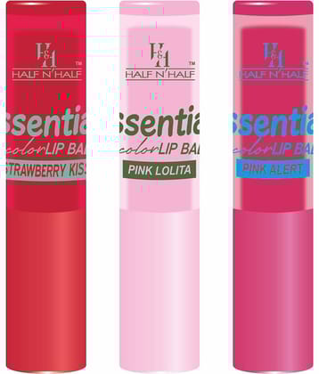Half N Half Makeup Girls Essential Color Lip Balm Moisturizing Lip, 3 Multi Shades Pink Alert | Strawberry | Pink, Pack of 3 (10.5gm)
