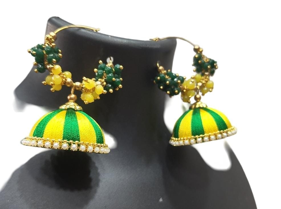 Green and yellow silk thread jhumka earrings with pearl and green beads