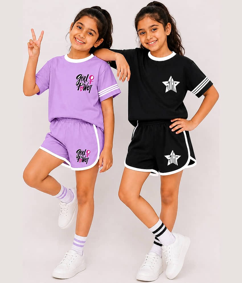 Kuchipoo Girls Cotton Blend T-shirt & Shorts Set ( Multicolor 2 , Pack of 2 )