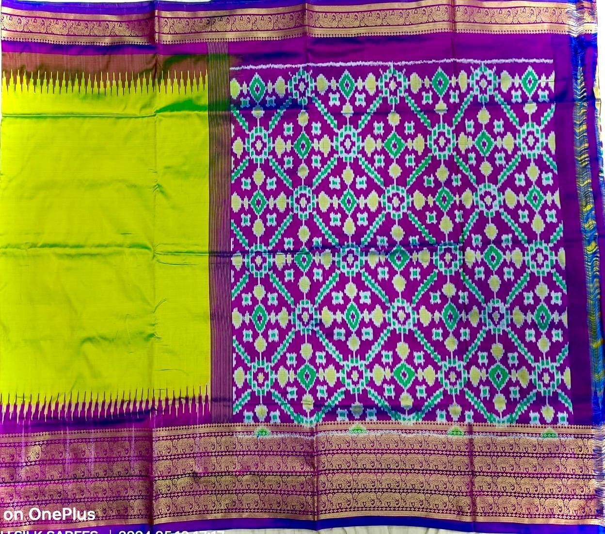 Pochampally Ikat Silk Green Plain Body With Border And Pallu Purple Sari