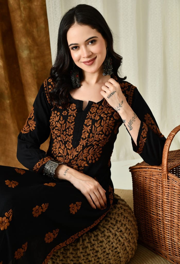 Black Kurta with Intricate Chikankari Work - Brown