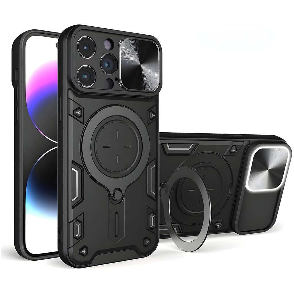 LIRAMARK Back Cover Case Compatible with iPhone 15 Pro (6.1 inch) with Stand & Slider Camera Military Grade Drop Protection