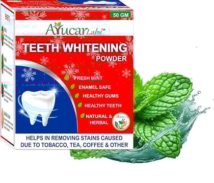Ayucar Labs Tooth Whitening Powder, Ayurvedic | Fights 7 Dental Problems | 60% Stain Remover | Effective for Tobacco, Gutka, Plaque, Tartar & Yellow Teeths | Mint | 50 g