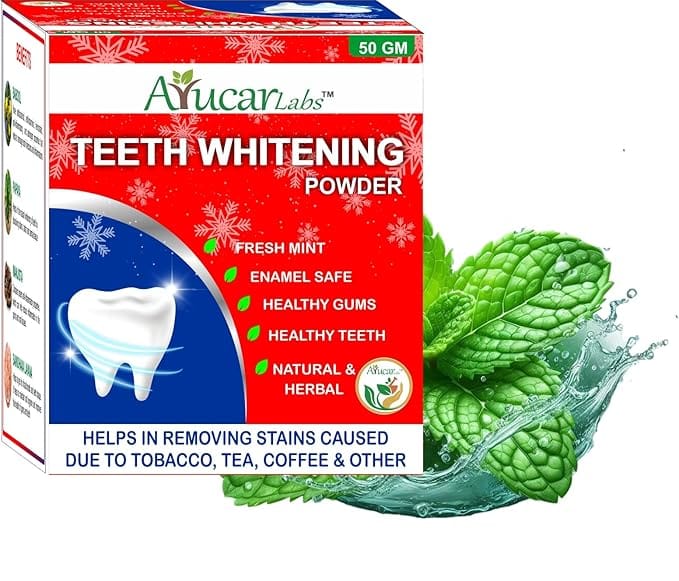 Ayucar Labs Tooth Whitening Powder, Ayurvedic | Fights 7 Dental Problems | 60% Stain Remover | Effective for Tobacco, Gutka, Plaque, Tartar & Yellow Teeths | Mint | 50 g