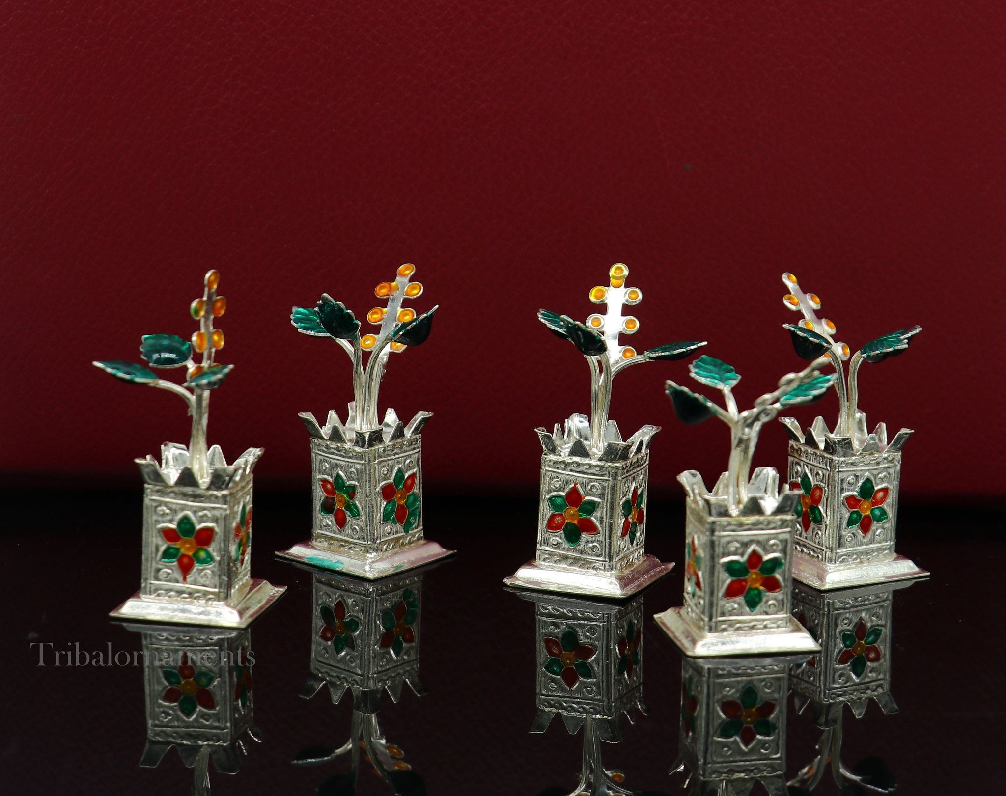 Holy Basil rosary 925 sterling silver handmade mini plant, tulsi plant for puja temple article, silver tulasi plant pooja article su562-Single piece