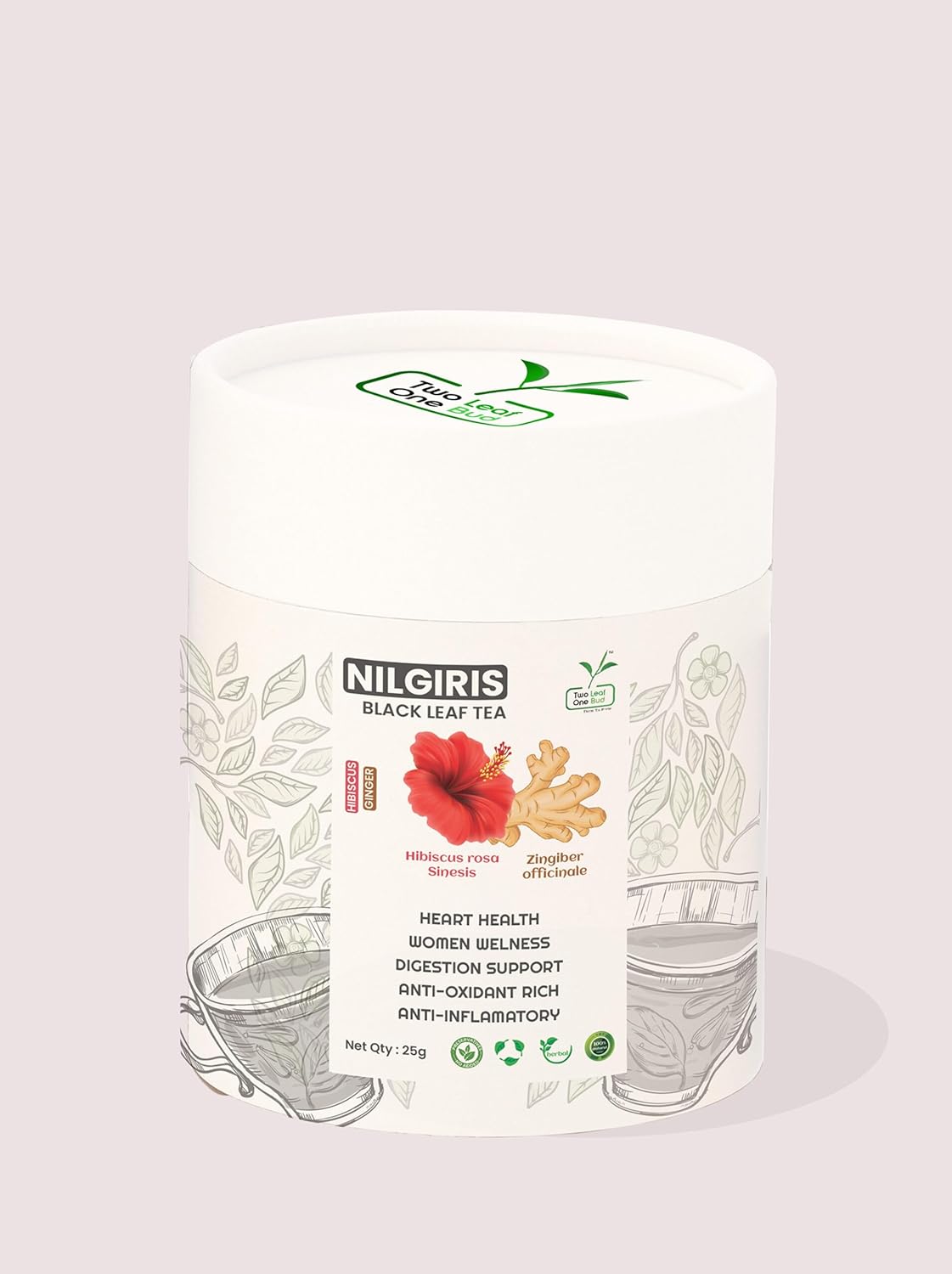Two Leaf One Bud Nilgris Black Leaf Tea - Ginger & Hibiscus 25 Gms