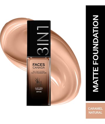 FACES CANADA All Day Hydra Matte Foundation , 3 in 1 Foundation + Moisturizer + SPF 30 , Caramel Natural 023, 30ml