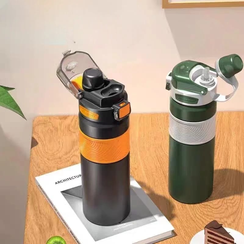 Stylish Dark Grey Water Bottle with Orange Grip - BPA Free & Leak-Proof