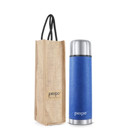 Pexpo 24 Hrs Hot & Cold Stainless Steel Insulated ISI Certified Flask with Jute Bag, 1000 ml, Blue, Set of 1, Flamingo | Leak-Proof | Eco-Friendly | Office | Home | Kitchen | Travel | Hiking Bottle