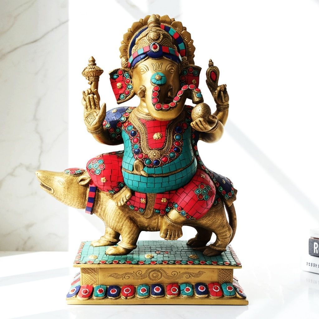 Brass Showpiece Ganesh Ji Sitting On Rat Statue (BSMAS149)