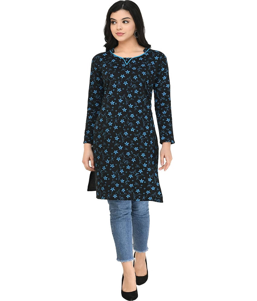 IndiWeaves Woollen Printed Straight Women's Kurti - Black ( Pack of 1 )