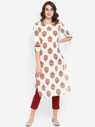 White Cotton Floral Print Straight Kurta with White Pant-40 - L