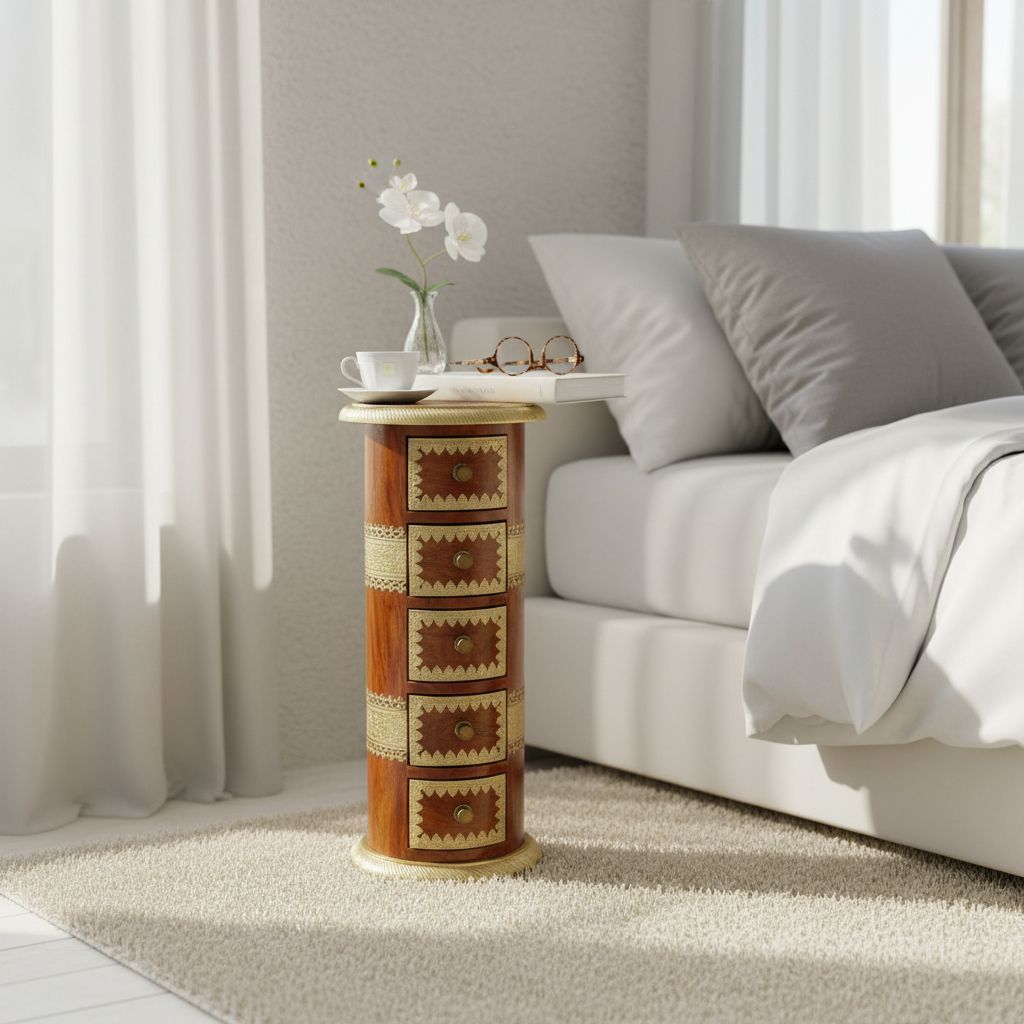 Wooden Handicraft Bedside Brass Embossed Drawer Desk