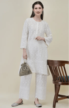 White Cotton Chikankari Co-ord Set for Women