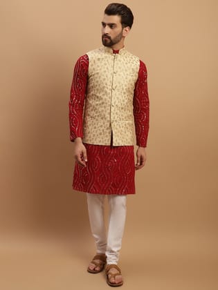 Sojanya Men's Pure Cotton Maroon Kurta and White Pyjama With Beige Nehru Jacket Set-38