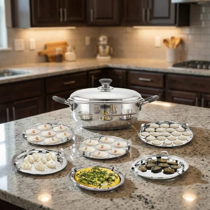 Sandwich Bottom Stainless Steel Multi Kadai Idli/ Dhokla/ Momo Maker/ Veg Steaming Set/ 6 Plates in 1