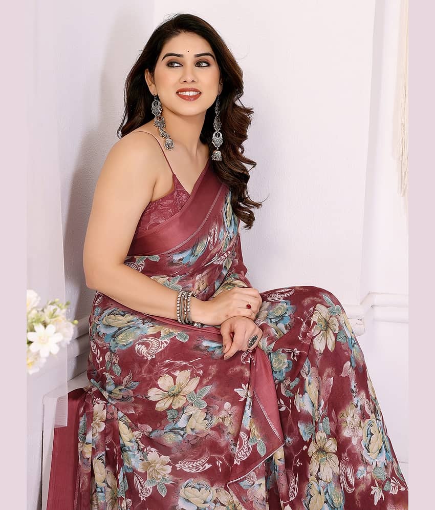 Gazal Fashions Chiffon Printed Regular Saree With Unstitched Blouse Piece ( Multicolor )