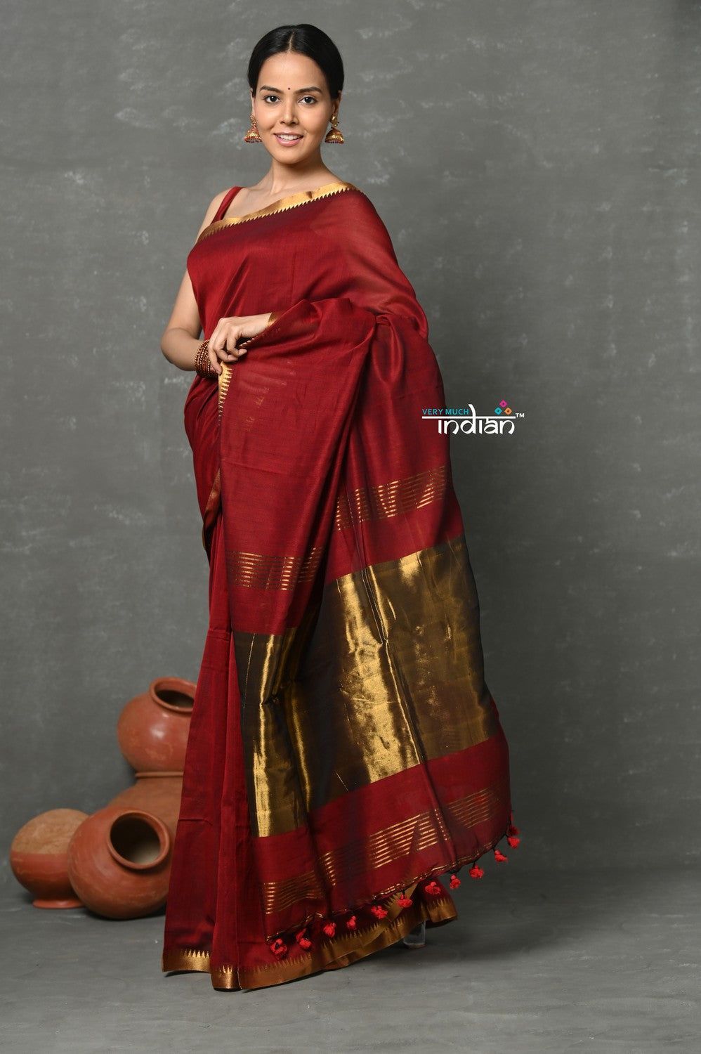 Tyohaar ~ Designer! High Quality Pure Mul Cotton Handloom Saree - Maroon