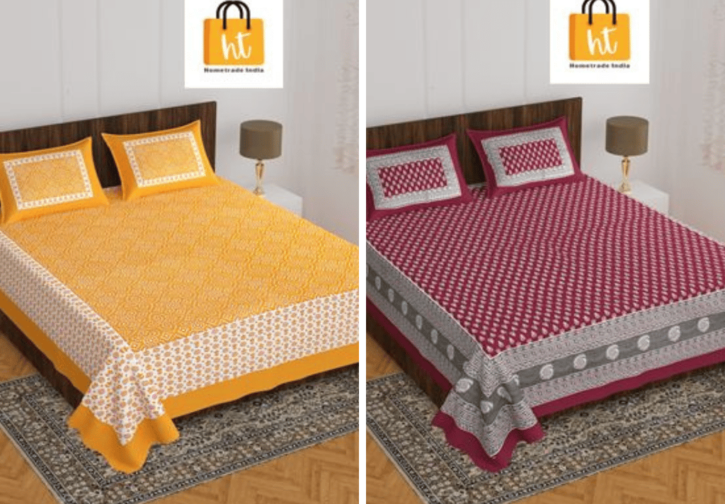3001-Hometrade India-Standard King Size (90*108 Inches)-Buy Pure Cotton Jaipuri Printed Flat King Size Double Bedsheet With 2 Matching Pillow Cover