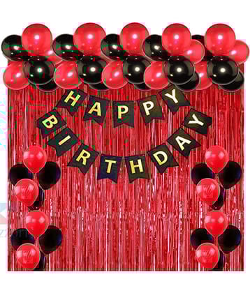 Happy Birthday Banner (Black) + 30 Metallic Balloon(Red,Black) + 2 Fringe (Red)