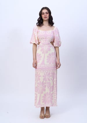 Bloom (tropical print midi dress)-pink / XS