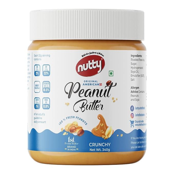 Nutty Crunchy Peanut Butter 340g, 100% Non-GMO, Vegan, Source of Protein & Dietary Fibre Food, 0% Trans-Fat, Original American Flavored Peanut Butter (340g)