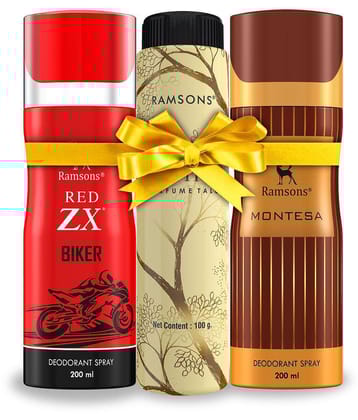 RAMSONS Deo Talc Combo | 1 Red ZX - Biker Deodorant Spray - 200ml | 1 Montessa Deodorant Spray - 200ml | 1 Exotica Perfume Talc - 100gm | Combo Pack Of 3