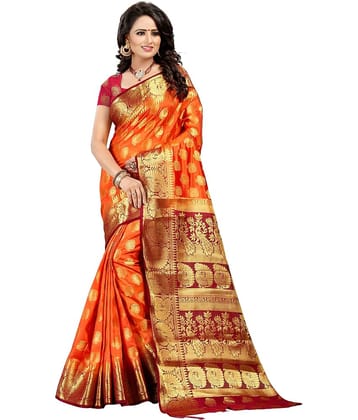 fab woven Silk Blend Self Design Saree With Unstitched Blouse Piece ( Orange )