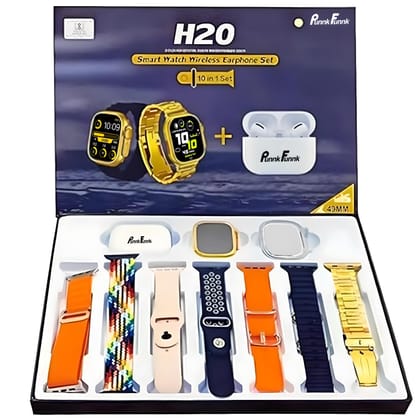 PunnkFunnk Ultra H20 SmartWatch with Multiple Watch Faces,Bluetooth Calling, 1.83" Display Wireless Charging Features, Airpods,Golden Strap 10 in 1 Smart Watch for Men with 6 Extra Bands multicolor / Medium