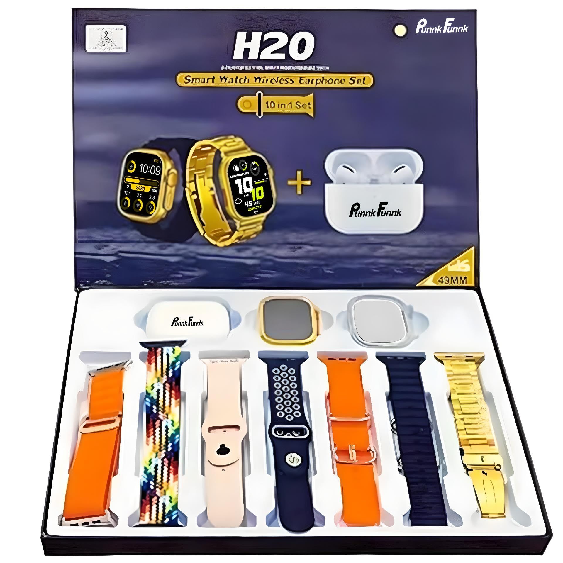 PunnkFunnk Ultra H20 SmartWatch with Multiple Watch Faces,Bluetooth Calling, 1.83" Display Wireless Charging Features, Airpods,Golden Strap 10 in 1 Smart Watch for Men with 6 Extra Bands multicolor / Medium