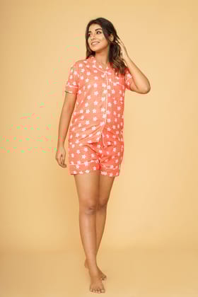 Daisy Flower Pattern Orange Half Sleeve Shorts Set-S / Orange / Rayon Blend