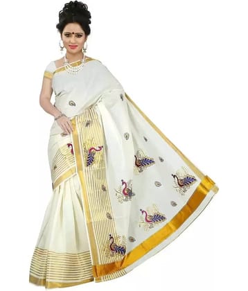 BRINDAVAN CREATIONS Kerela Cotton Saree With Unstitched Blouse Piece ( Beige )