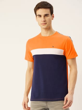 Mens Cotton Rich Lycra Colourblock Graphic Half  Sleeve Crew Neck T-Shirts-S