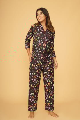 Party Props Full Sleeve Pyjama Set-S / Black / Rayon Blend