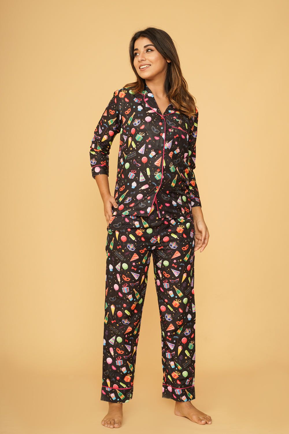 Party Props Full Sleeve Pyjama Set-S / Black / Rayon Blend